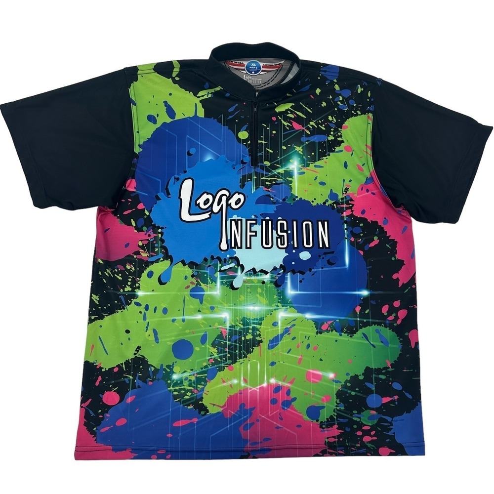 Logo Infusion Bowling Jersey 1/4 Zip Neon Paint Splatter Performance Tee Mens XL